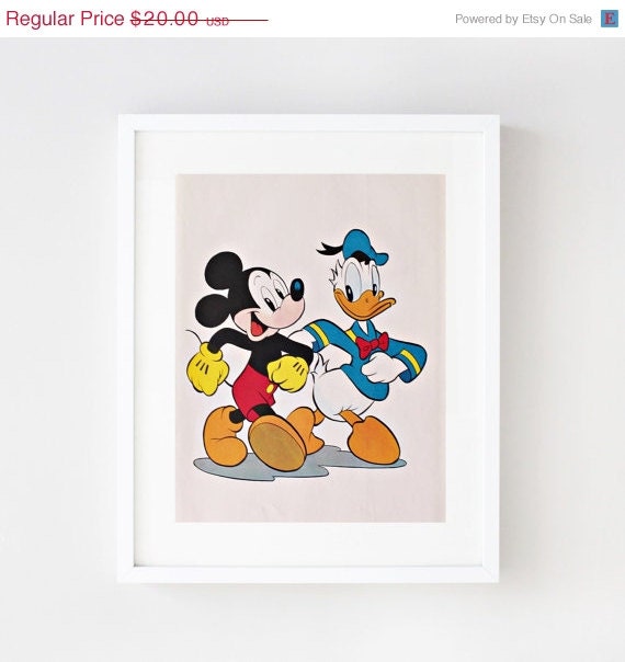 50% Off Sale Vintage Mickey Mouse Donald Duck Disney Illustration Print Nursery Wall Art