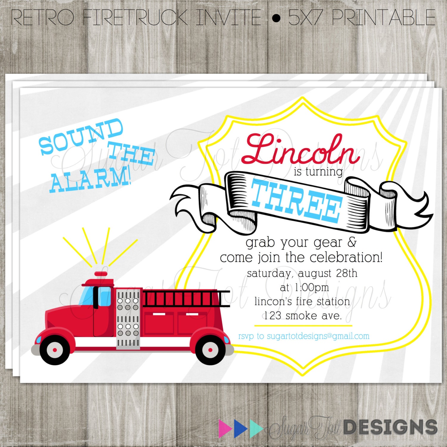 Firetruck Party Invitation, Modern, Retro - 5x7 PRINTABLE