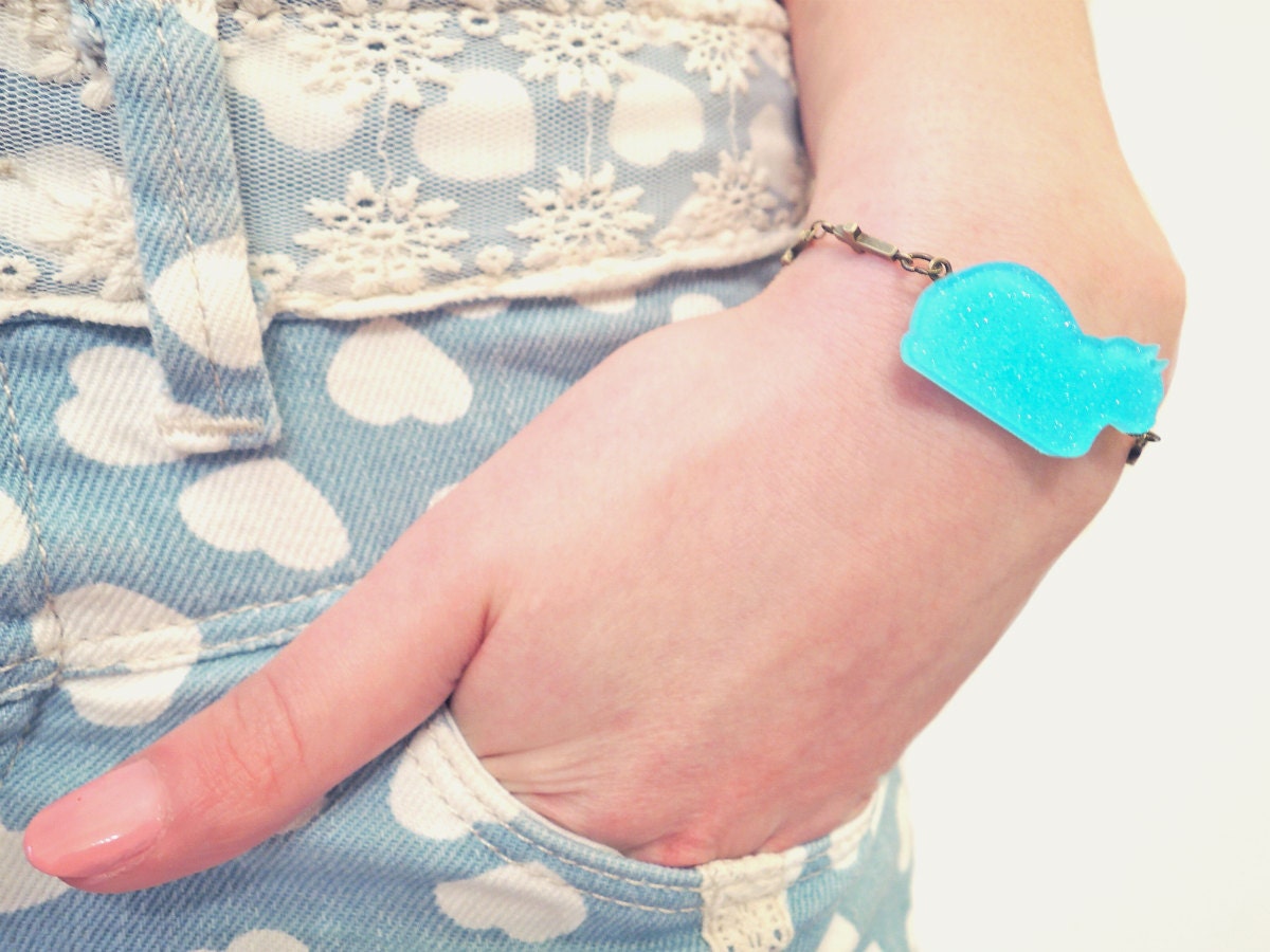 Cat bracelet with glitter and chain of crosses . aqua blue . Monsieur Chat