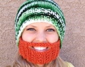 SALE Bearded Beanie - St. Patricks Day Multi Colored Green Hat W Orange Beard Costume