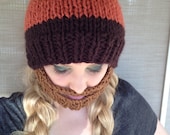 SALE Bearded Beanie - Brown & Orange Hat W/ Light Brown Beard Warm Face Mask Winter