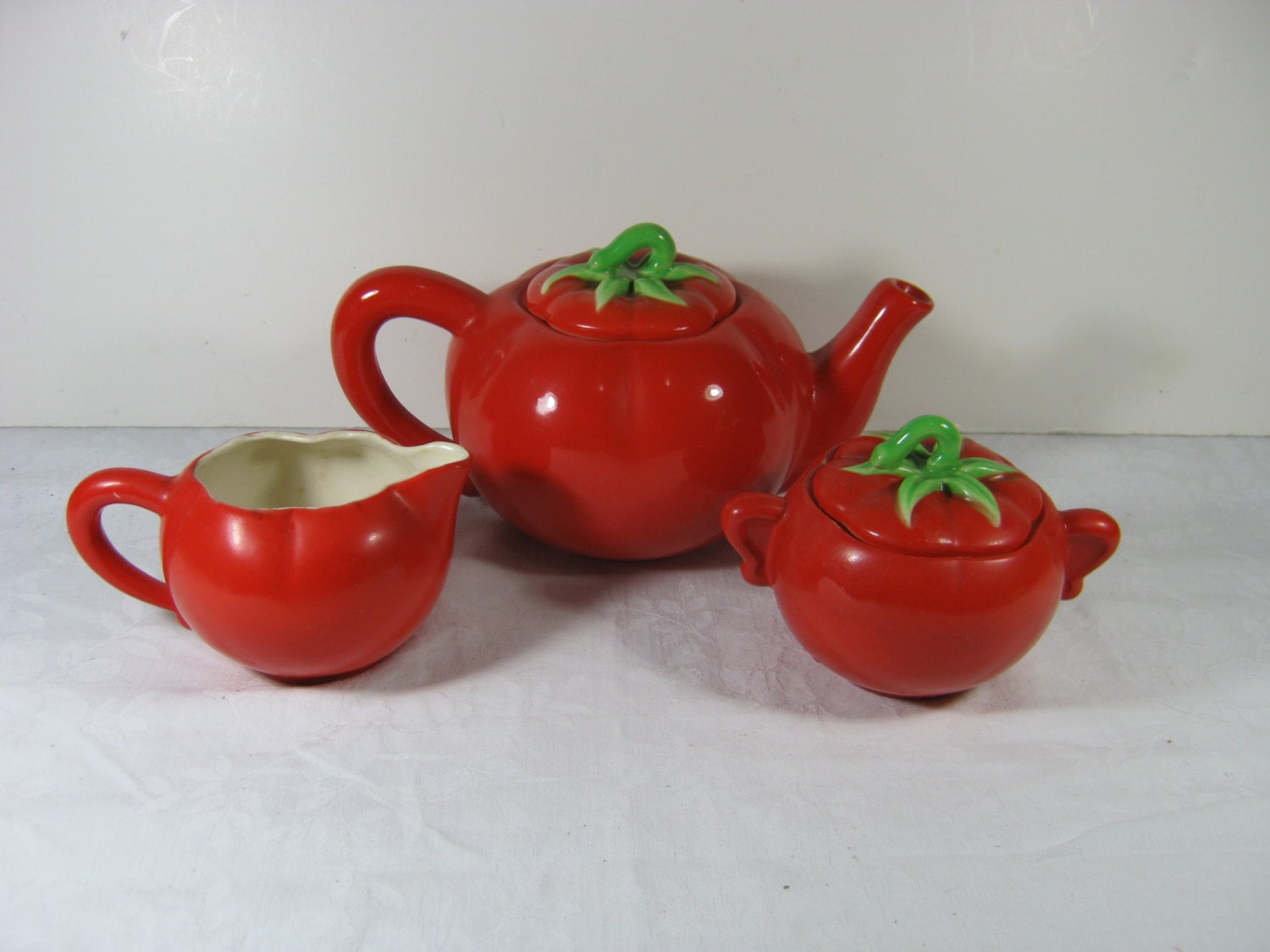 Vintage Tomato Tea Set Majolica Ware Teapot Cream Sugar