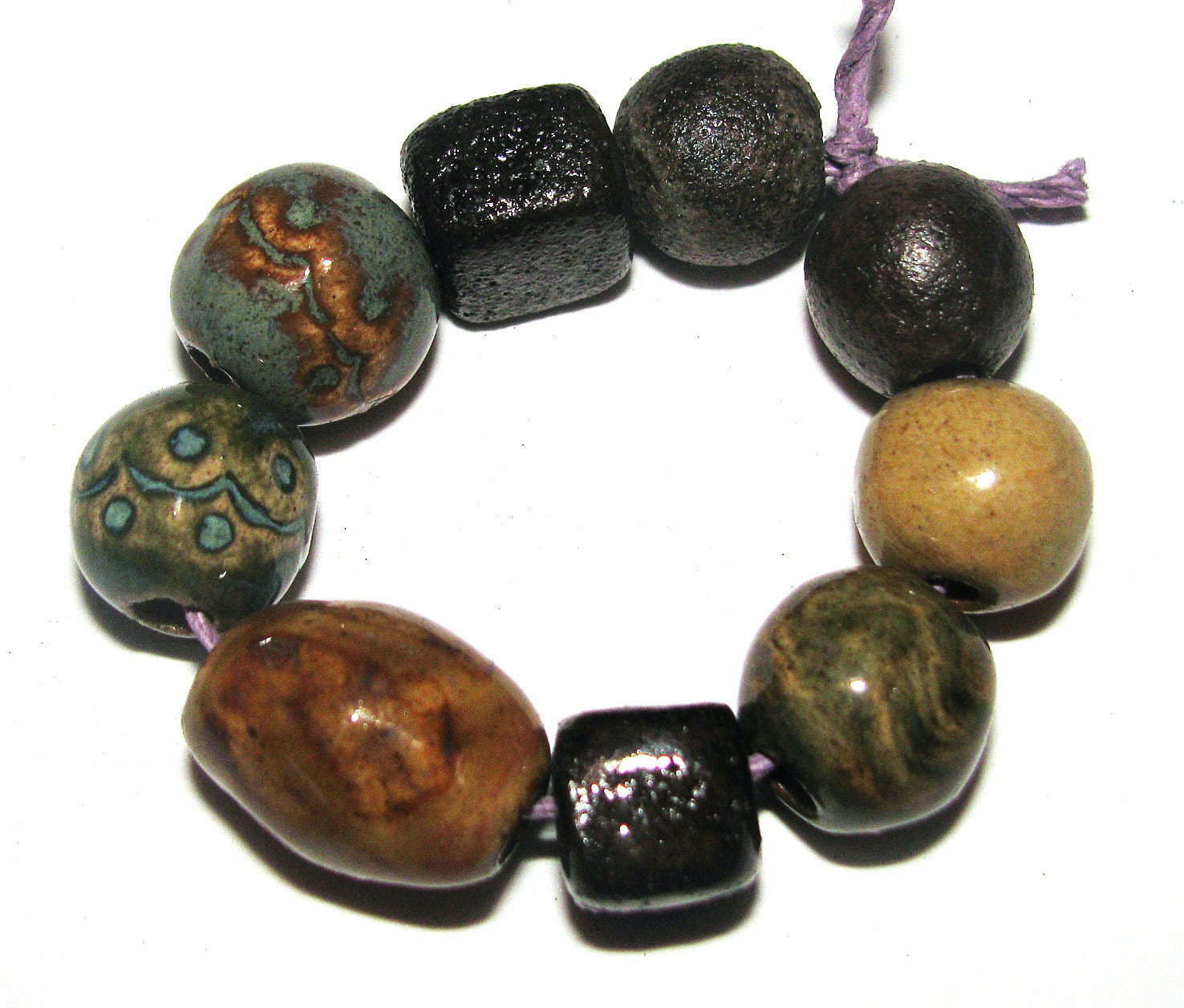 9 x Handmade Ceramic Stoneware Bead Set Brown Green Earthy Rustic Primitive