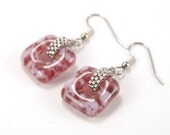 Cranberry and petal pink marble squares - beaded fused glass dangle earrings