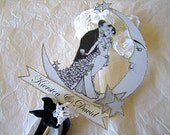 Black and White Wedding Cake Topper - Vintage Bride And Groom on Crescent Moon - Custom Banner - Outlined in Silver Glitter