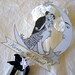 Black and White Wedding Cake Topper - Vintage Bride And Groom on Crescent Moon - Custom Banner - Outlined in Silver Glitter