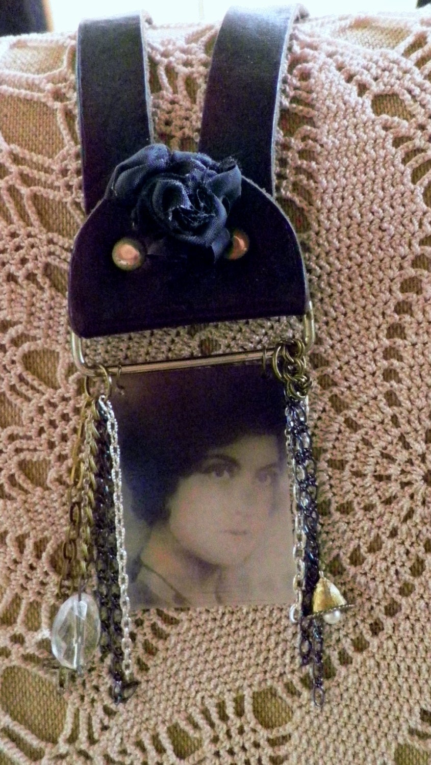 Distressed leather necklace with vintage woman and chunky chain and charms