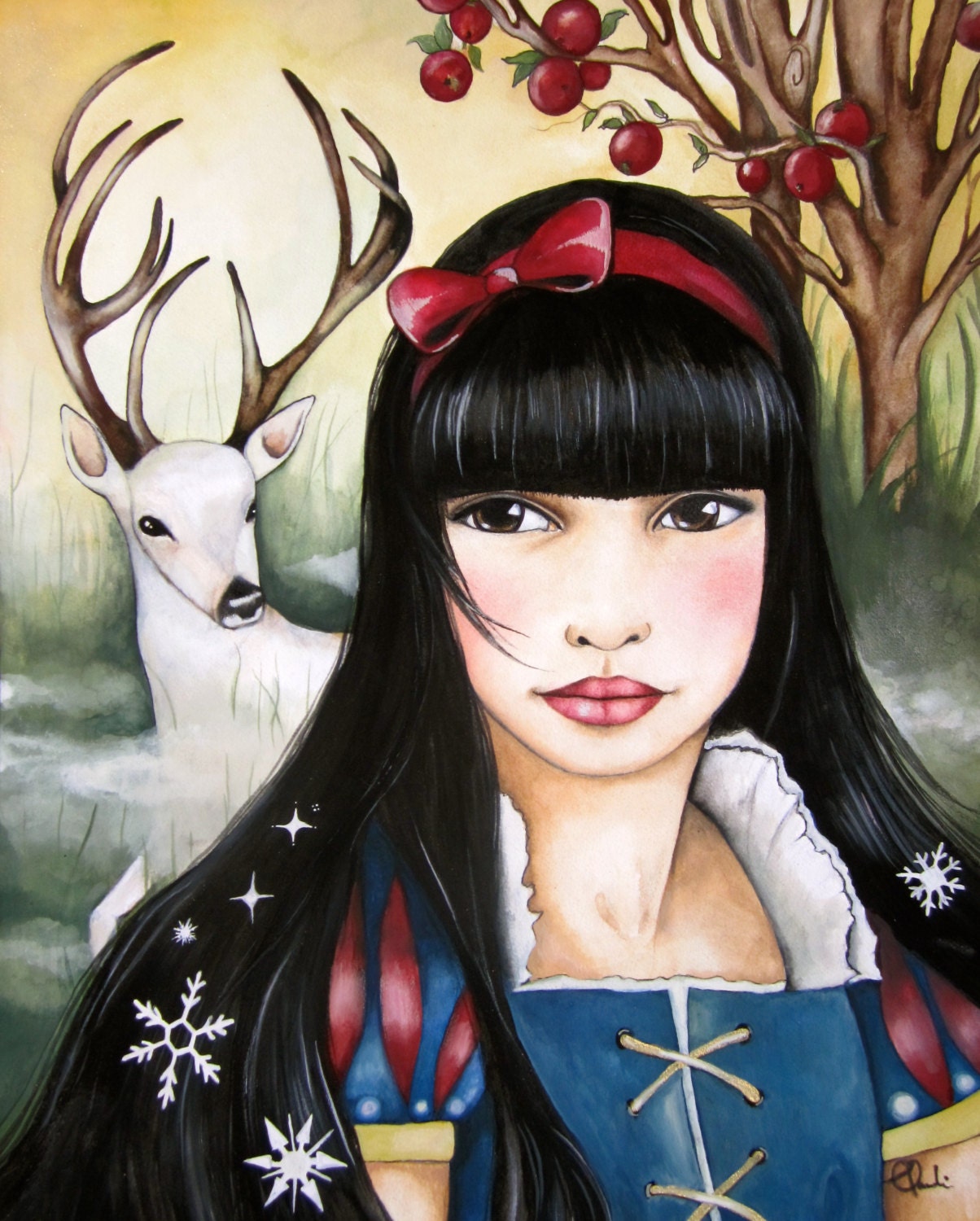 snow white and the white deer  art print gift idea girl decor 11 x13 inches