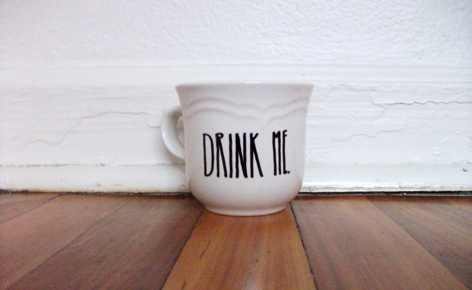 Drink Me Hand Illustrated Sharpie Art Mug Cup Alice in Wonderland Quote Modern Contemporary Upcycled China Stoneware Cream Unique Gift