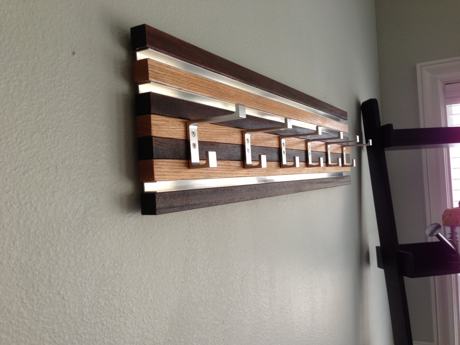 Coat Rack Wall Hanging 6 Double Hook Wood & Metal Modern Oak and Espresso Finish