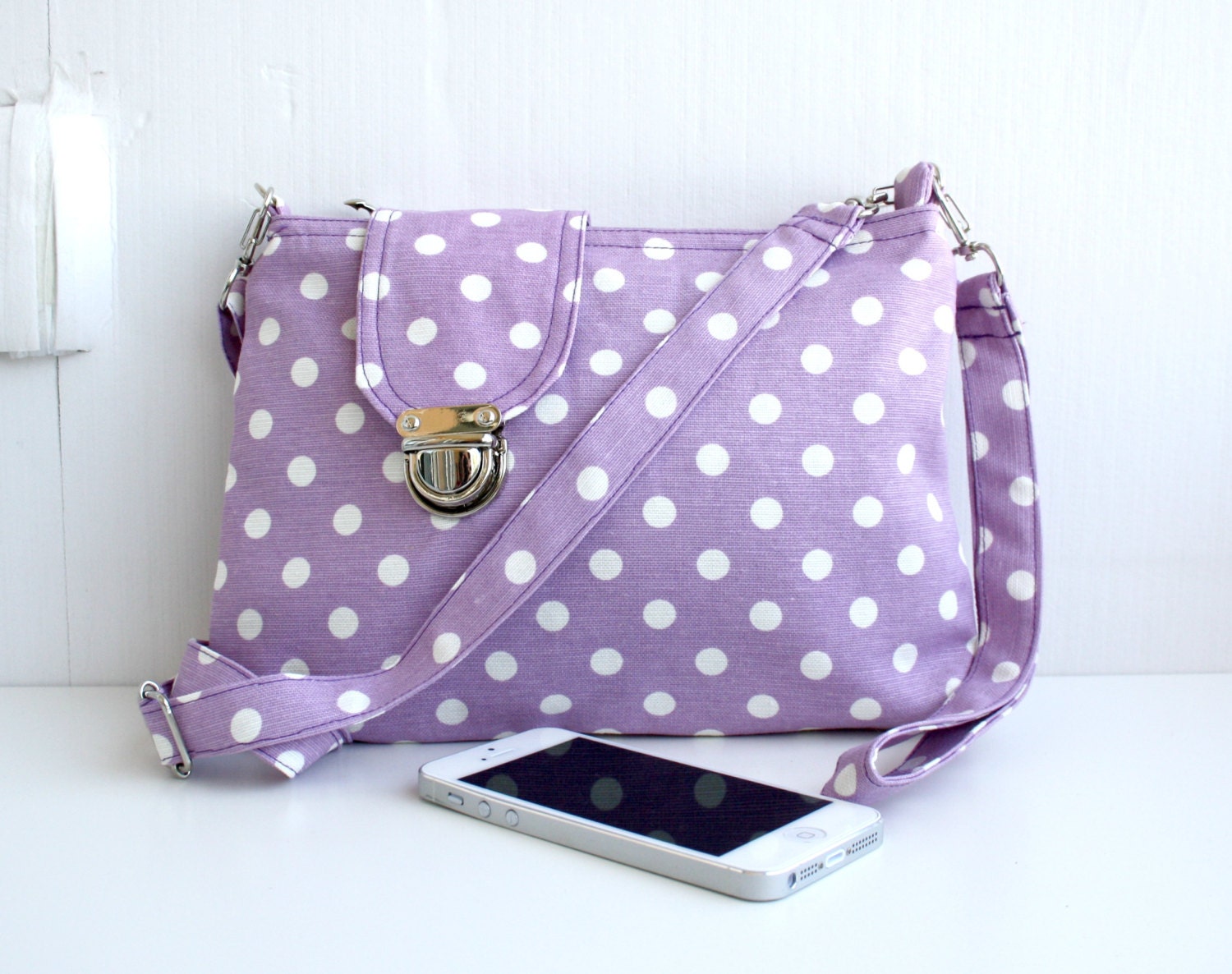 Lilac and White Polka Dot Midi Messenger Bag Wirstlet and shoulder Adjustable strap Zipper Closure