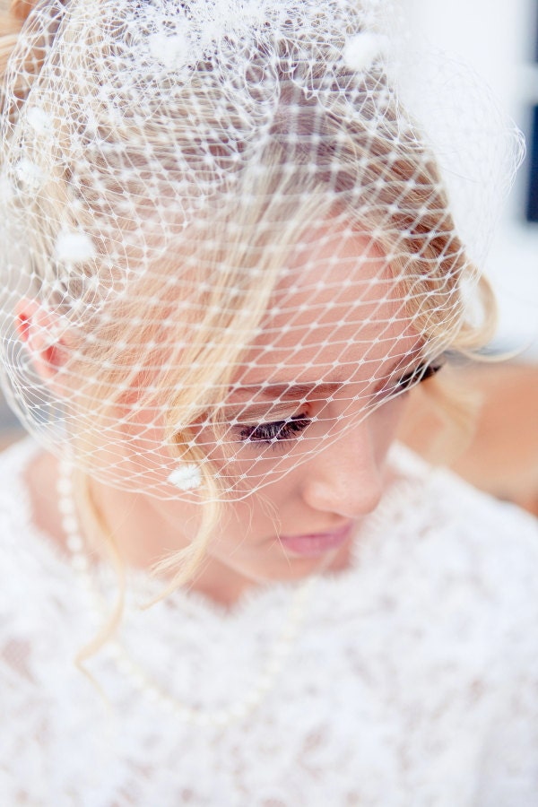 Birdcage Veil, Ivory French veiling, Wedding, Bridal, Headpiece - Chanille Dots