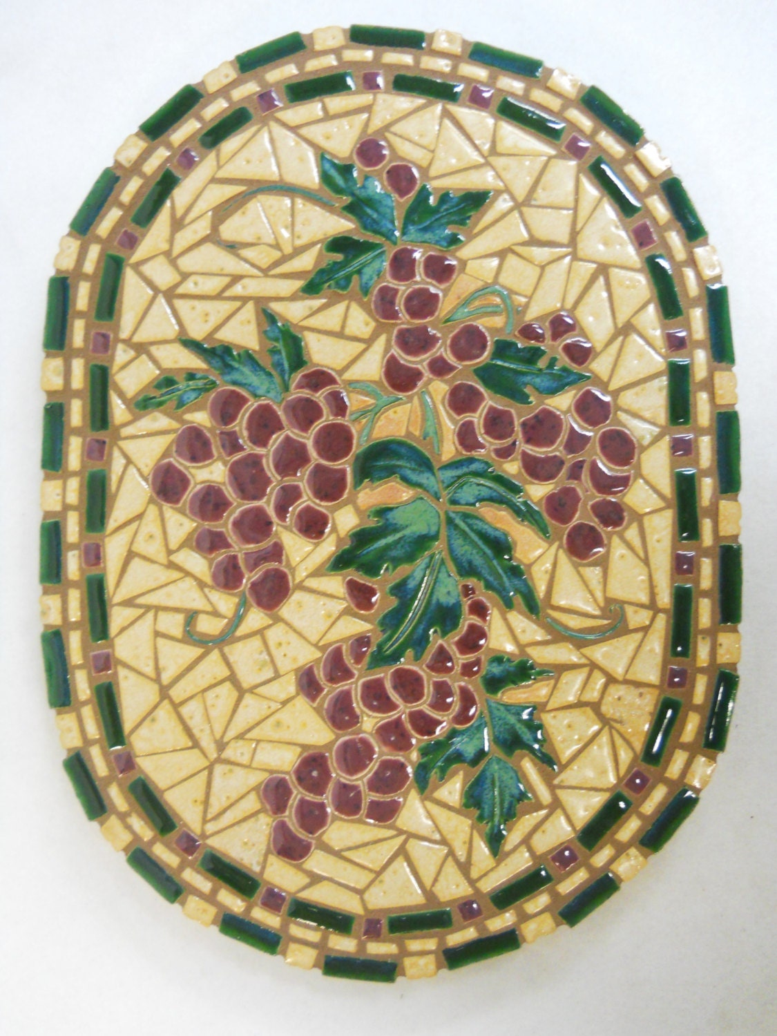 WINE GRAPES Mosaic Wall Art Handmade Ceramic Tile  9" x 12" Oval