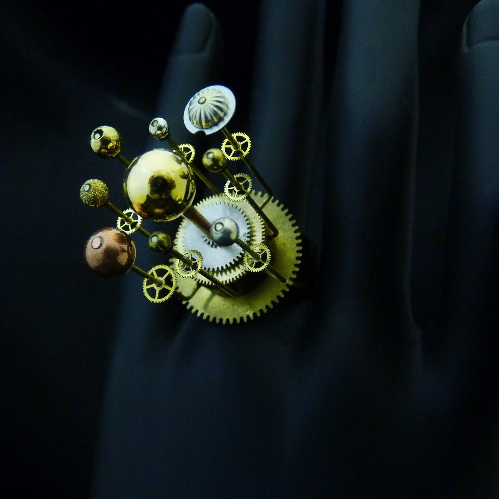 Steampunk Orrery Planets Solar System Ring Gears Jewelry Mechanical Gold Copper Silver Vintage Adjustable Space