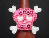 Kids Ring Hot Pink Skull and Cross Bones Set on an EXTRA Small Adjustable Silver Ring Band
