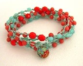 Milky Seafoam & Coral Knotted Wrap Bracelet, Turquoise, Long Necklace, Summery, Spring, Country Chic, Handmade in France