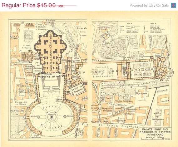 1949 Vatican City Plan St. Peter Basilica Square Pontifical Palace Roman Architecture Renaissance