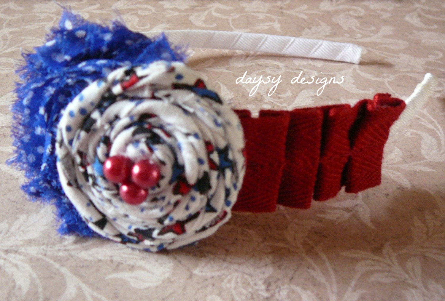 4TH OF JULY handmade rolled fabric rosette w/ shabby flower, ruffle and pearls on ribbon wrapped headband