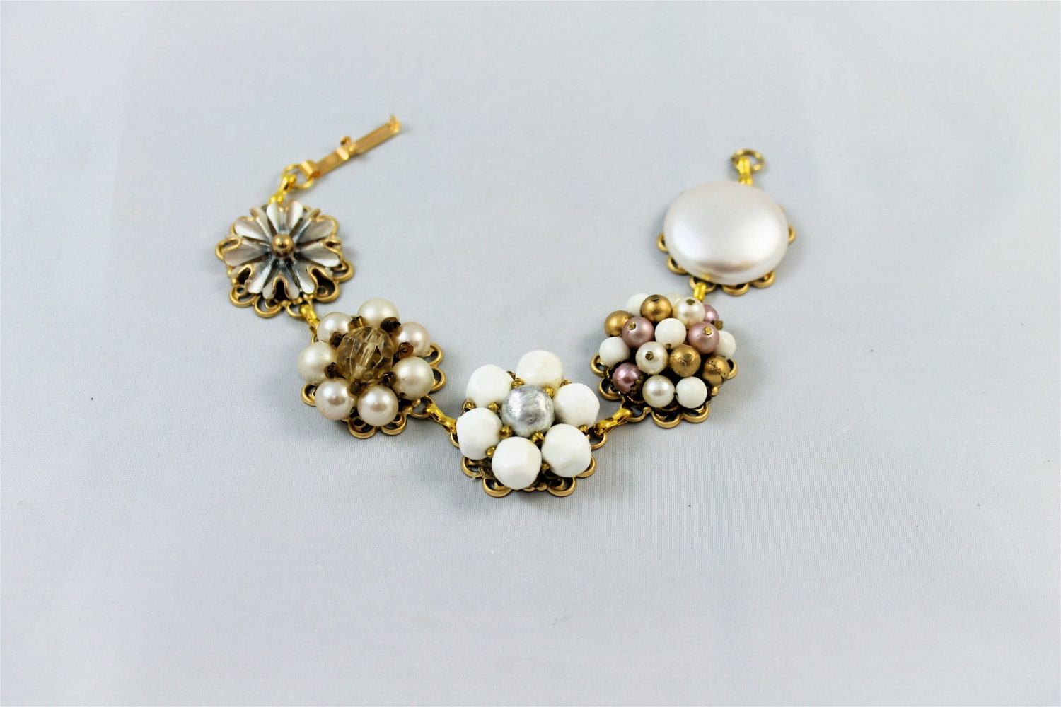 Upcycled earring bracelet chunky vintage earrings white cream taupe gold settings pearls glass wedding bridesmaid retro repurposed