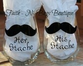 Ready to Ship- His & Hers Stache Wineglasses