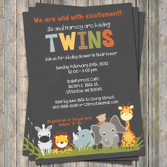 jungle animal baby shower invitations, twin shower, Digital, Printable file gender neutral