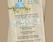Owl baby boy shower invitation with wood background, blue, digital, printable file