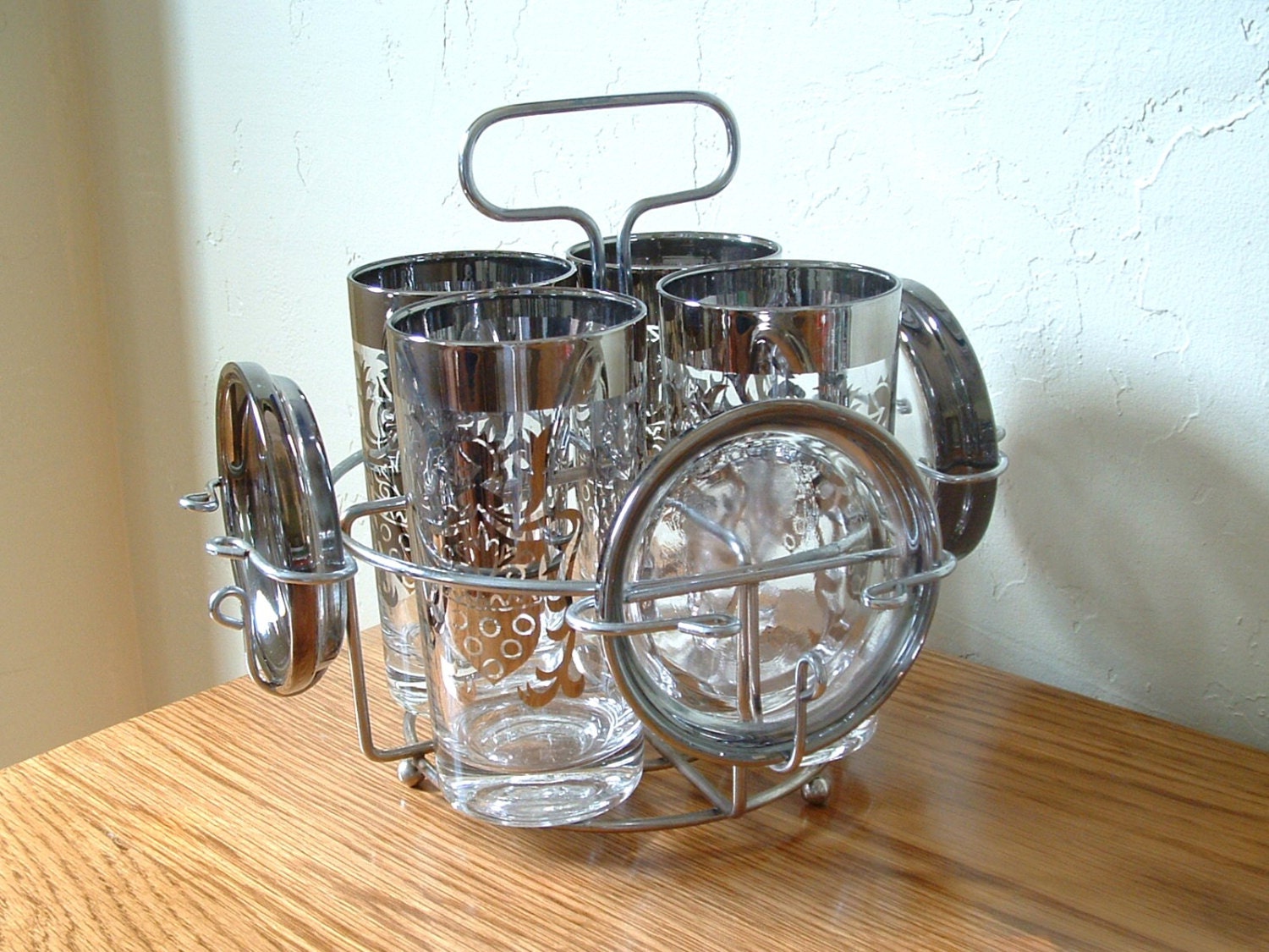 Vintage Silver Rim Glasses Caddy Coaster Barware Set Mid Century Kimiko Shield Set of 4 Glasses