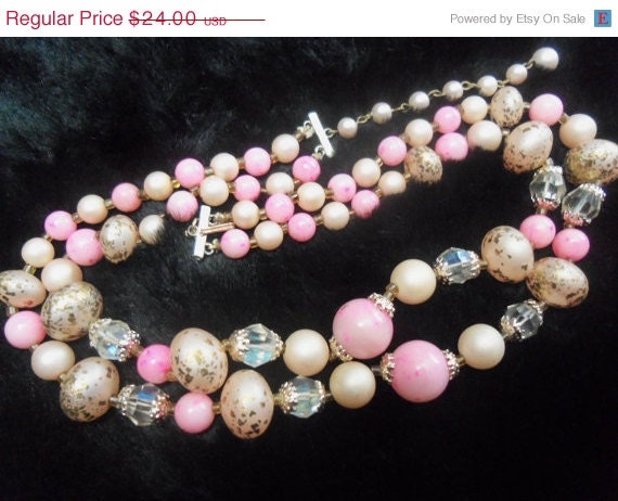 Vintage Pink Gold Beaded Necklace 1950's 1960's Rockabilly Retro Jewelry Glamour Girl Mad Men Mod