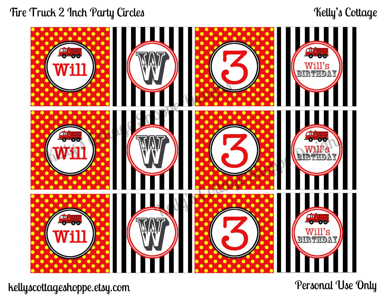Fire Truck Birthday 2 Inch Party Circles... Custom, Printable.... Cupcake Toppers, Favor Tags, Decorative Circles