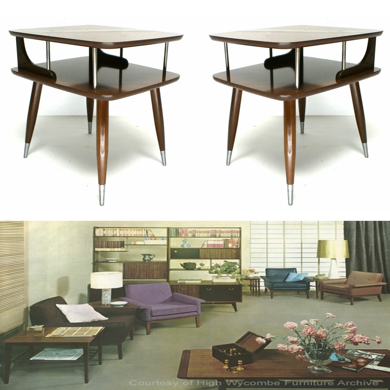 60s Mid Century Danish Modern Furniture Matching Small Square Simple End Side Tables