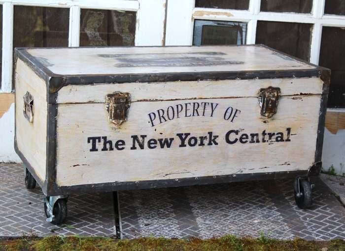 Wooden chest / box, hand painted, with railroad graphics and casters