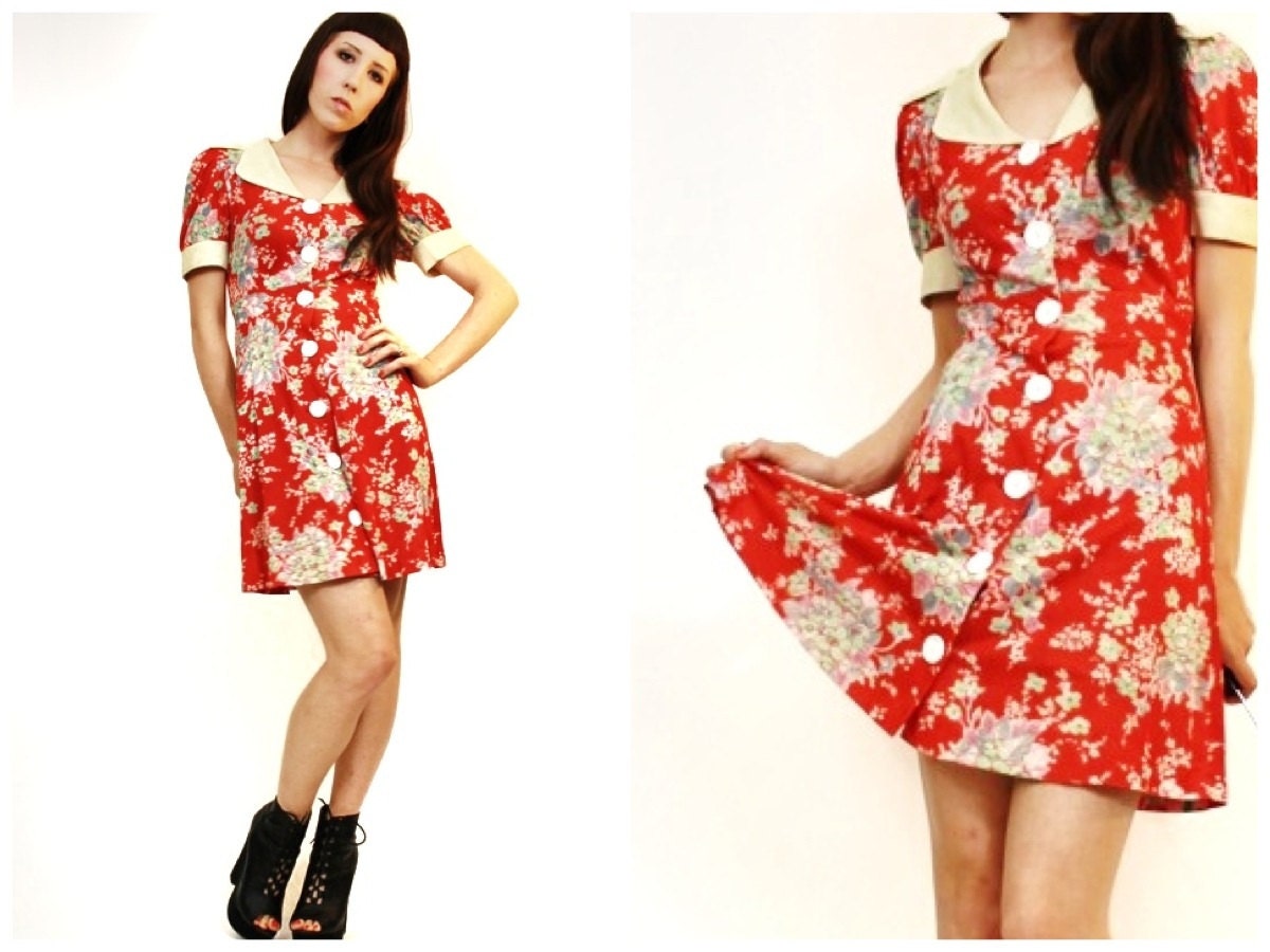 Vintage 60s Red Floral Lolita Mini Dress