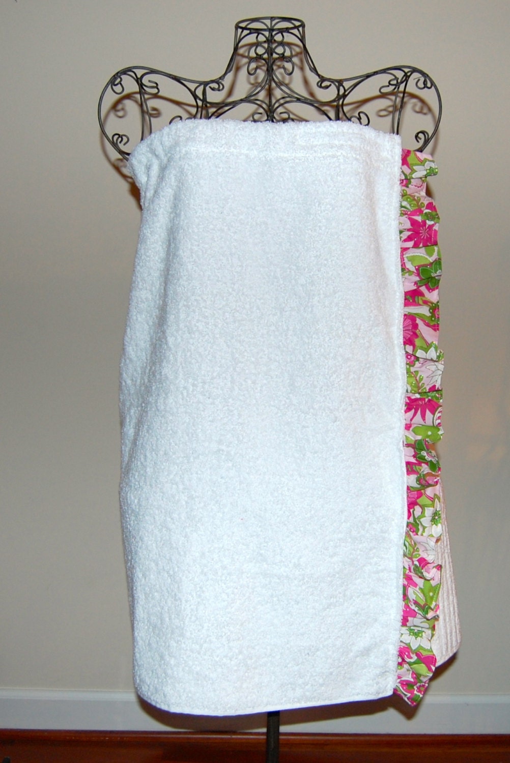 Monogrammed White Terry Wrap with a Pink and Green Floral Ruffle