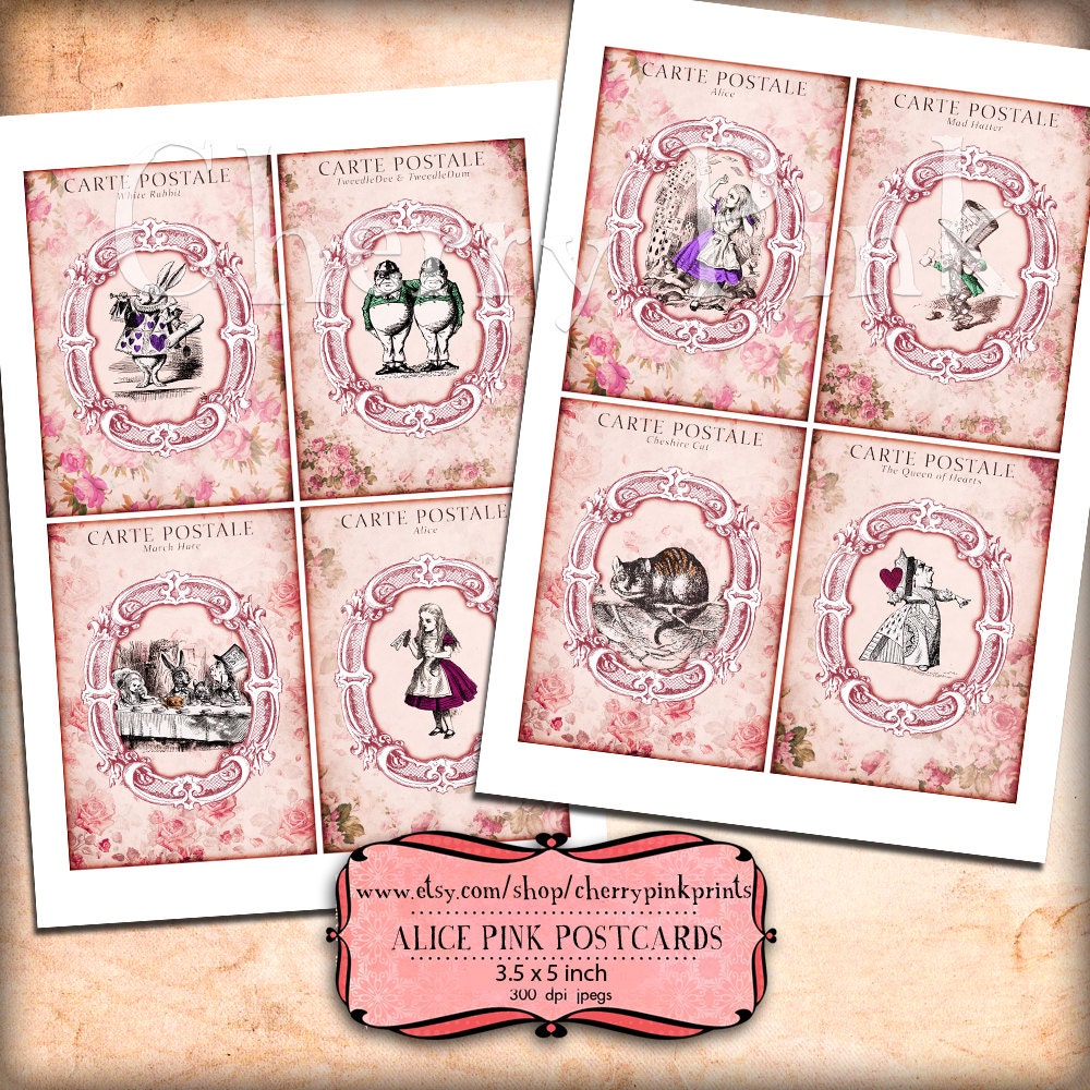 8 Pink ALICE in WONDERLAND POSTCARD, digital collage sheet, digital download for scrapbooking, party printables and graphic design.