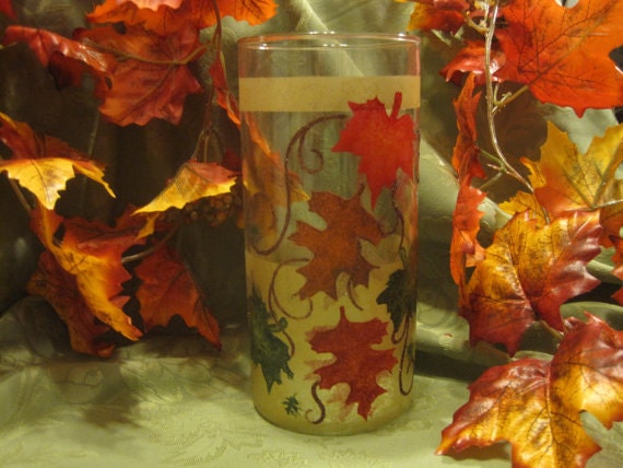 Leaves Of Fall Cylinder Candle Holder Two Toned with Deep Copper Glitter Swirls