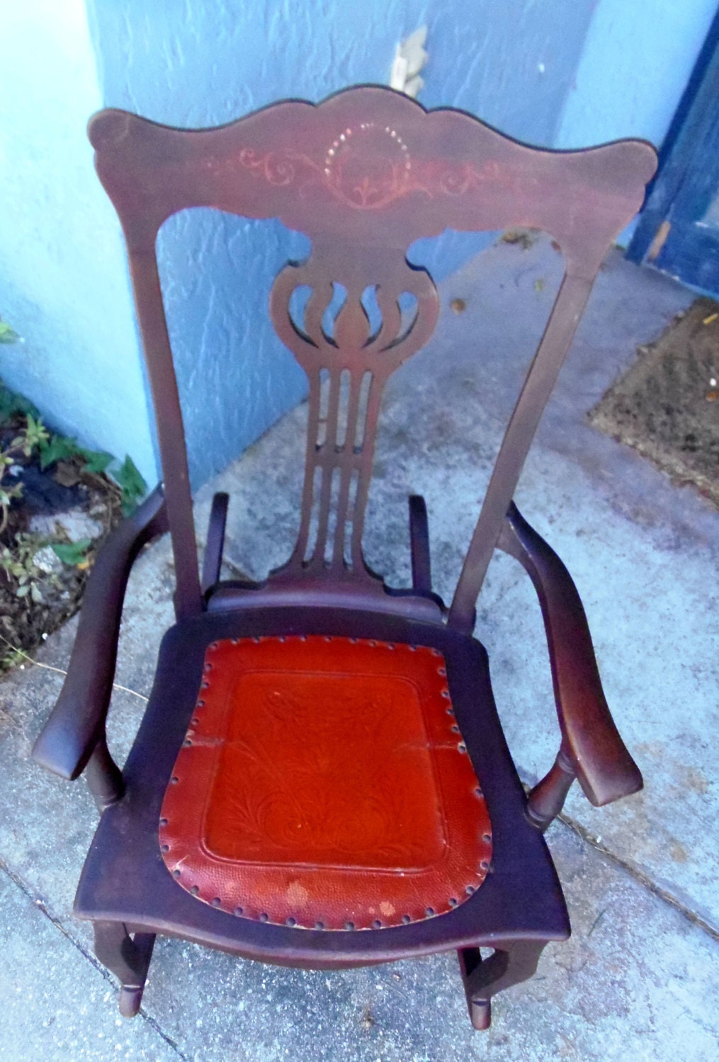 Antique Rocker Vintage Rocker Wood Leather Rocker Rocking Chair Wood Dowels Primitive Rocker Harp Rocker Rustic Rocker Design Du'Jour