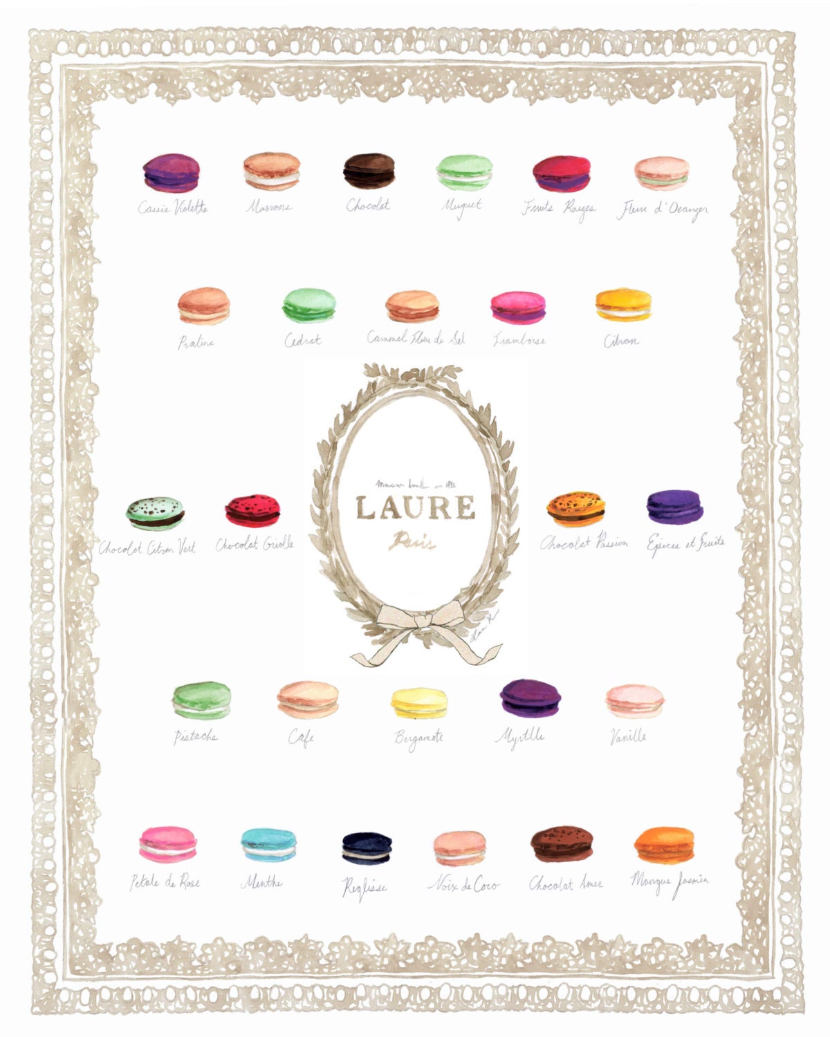 Macaron Flavors Laduree Menu Chart Watercolor Painting - Digital Print 8 x 10 with delicate border lace