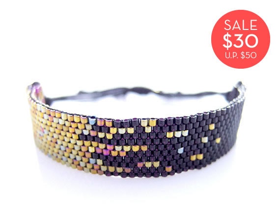 Black Beaded Bracelet, Cotton Cord Bracelet, Stardust Pixel Effect, Gold Cord Bracelet, OOAK Handmade by JeannieRichard