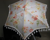 STAR SHAPE  PARASOL in Colorful Floral Design on White Fabric with White Tassel Fringe