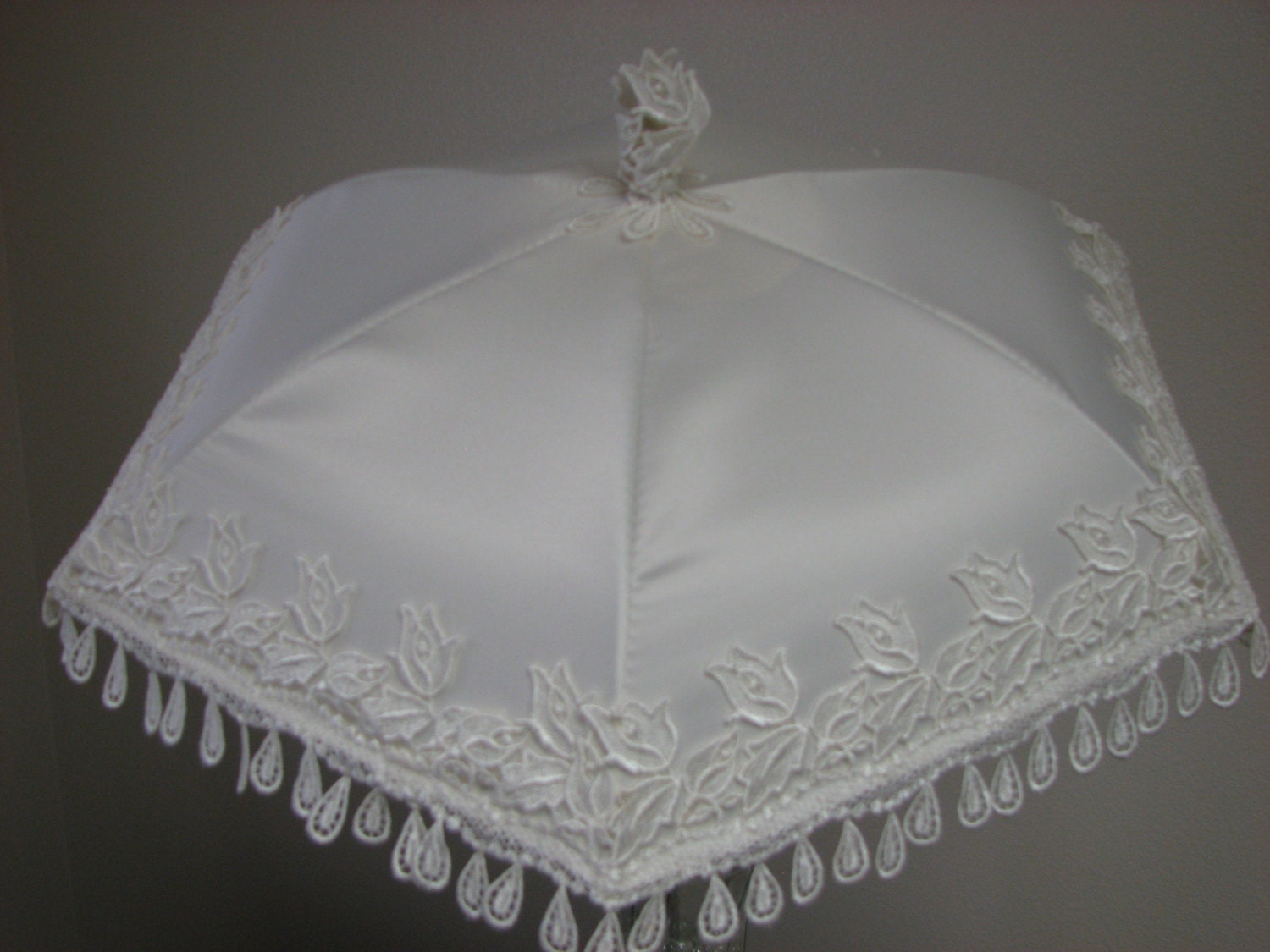 VICTORIAN PARASOL in Ivory Low Luster Satin with Elegant Tulip and Raindrop Fringe
