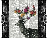 Deer Stag & Flowers Upcycled Book Dictionary Art Print Art Prints Vintage Book Print Vintage Book Page Recycled   Buy 3 get 4th free
