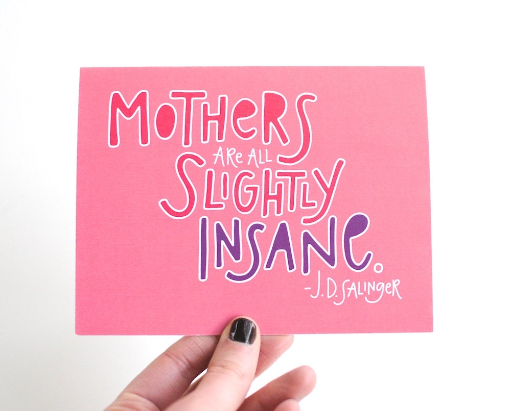 Funny Mother's Day Card, Hand Lettered, All Mothers Are Slightly Insane, Salmon Pink, Red and Purple, Outline Block Letters, Single