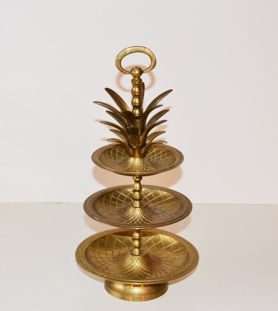 Vintage Hollywood Regency Brass Pineapple Tray 3 Tier Tidbit Server