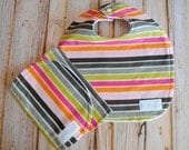 Baby Girl Bib & Burp Cloth Set- Vintage Snap Bib and Burp Cloth- Hot Chocolate Stripes- Brown and Pink