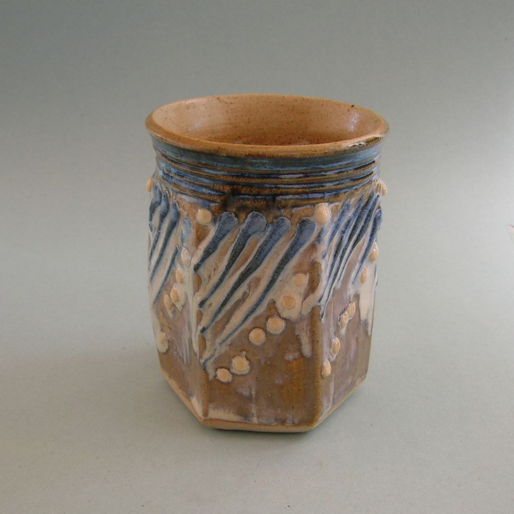 Hand built Textured Stoneware Pottery Tumbler, Blue, White, Taupe