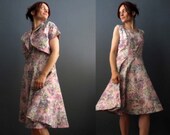 Vintage 50s Cotton Day Dress with Bolero Shrug, Pastel Watercolor Illustration, Handmade