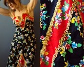Vintage 70s Handmade Mexican Style Floral Dress, Cotton Sundress Small