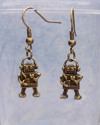 Cute Fun Earrings Bronze Robot Charm Dangle Earrings Handmade by Jewelryplace