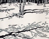 Aspens, original linocut, navy and gray, colorado print 9x12