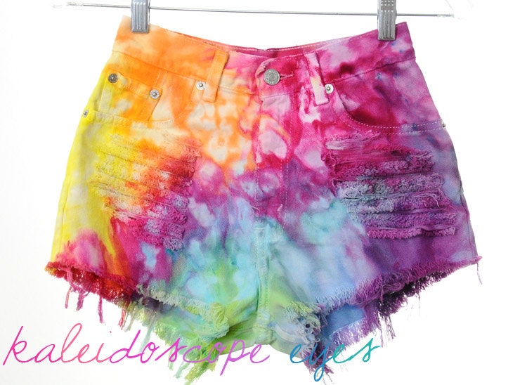Vintage Levis Marbled RAINBOW Colorful Dyed Denim Destroyed High Waist Cut Off Shorts XXS